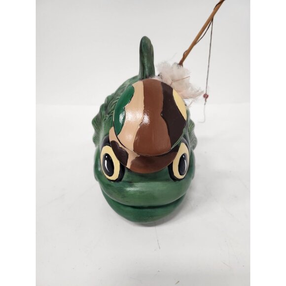 Vintage Large Ceramic Green Fish Statue Camo Hat Fishing Pole Kitschy Whimsical - Picture 4 of 9